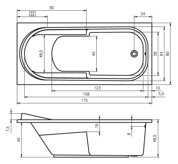 Акриловая ванна RIHO 175x80 B003001005 белая глянцевая