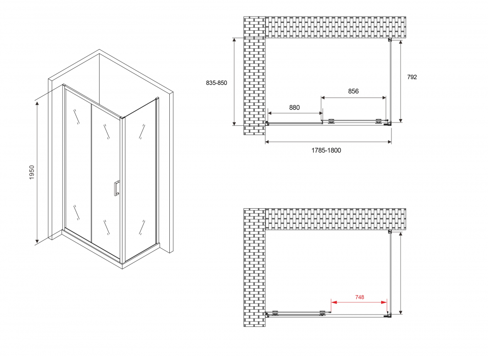 Душевой уголок ABBER Schwarzer Diamant 180x85см AG30180B-S85B профиль черный, стекло прозрачное