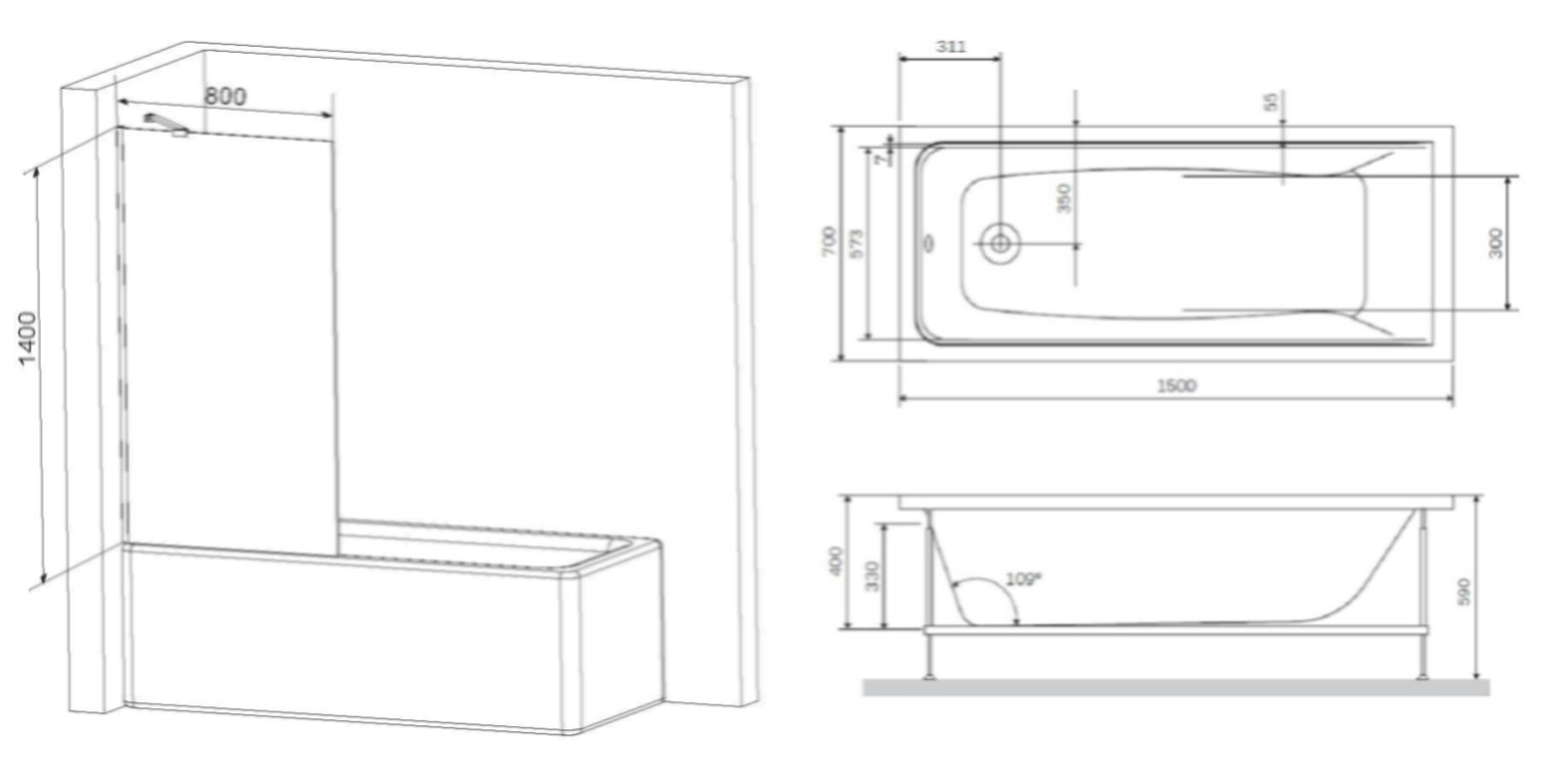 Акриловая ванна AM.PM Gem 150x70 с каркасом и шторкой W90ASET-150W90BS80CT белая матовая