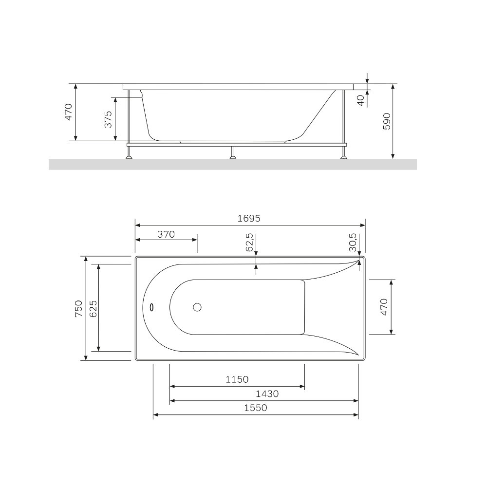 Акриловая ванна AM.PM Spirit 170x75 W72A-170-075W-A2 белая глянцевая
