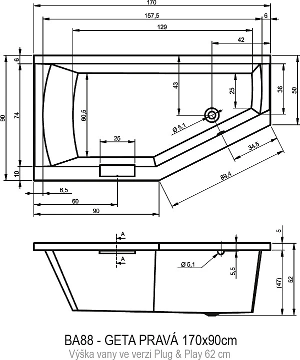 Акриловая ванна Riho Geta 170x90 B031009005 правая, белая глянцевая