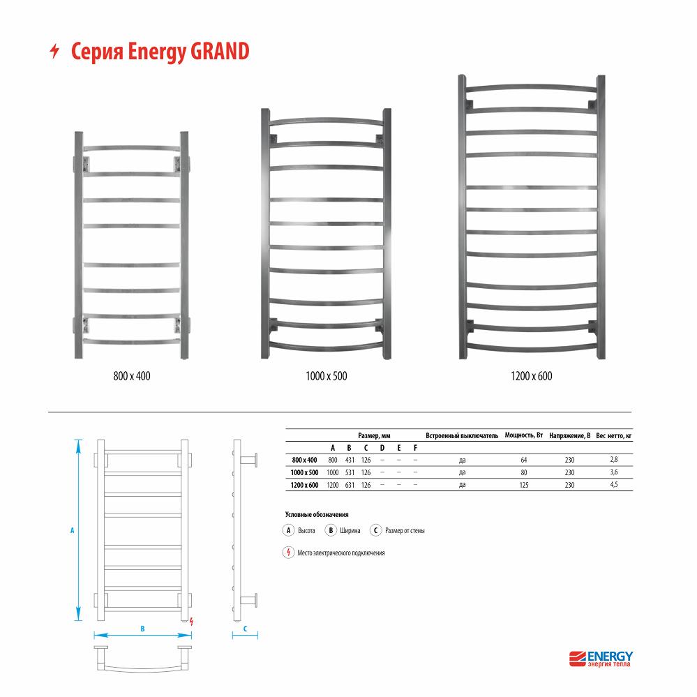 Полотенцесушитель электрический Energy GRAND 100x50 см EETRGRAND10050R903M белый матовый