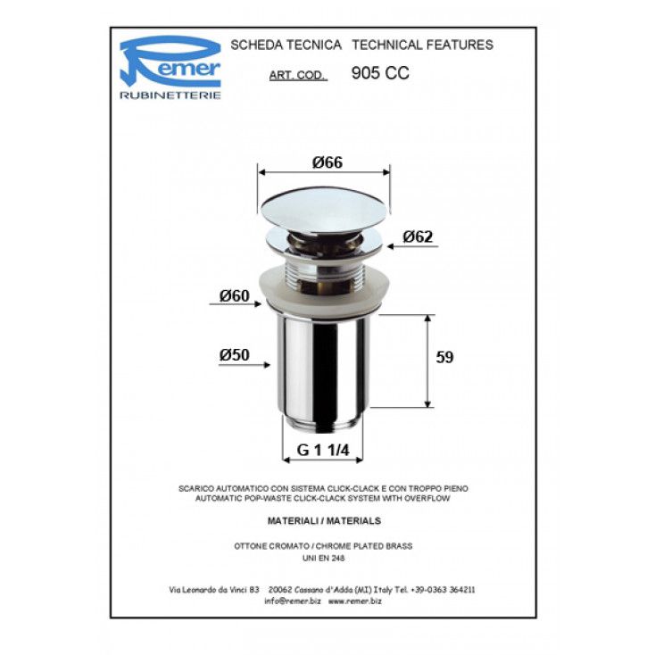 Донный клапан Remer 905CC114NO с переливом, чёрный