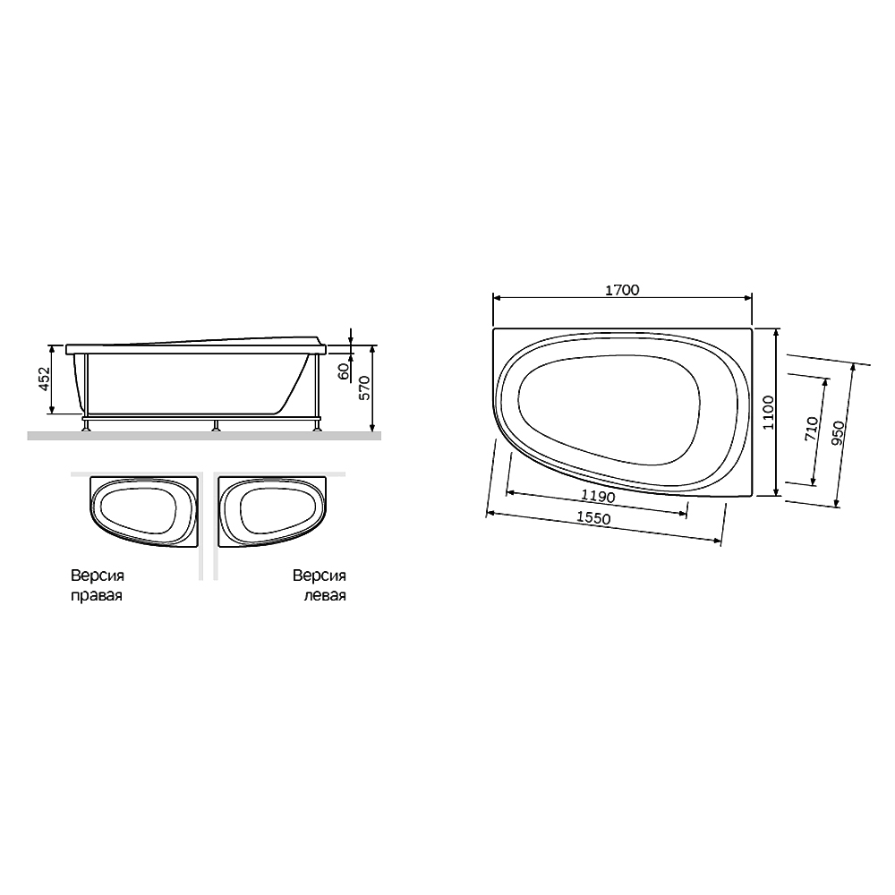 Каркас для ванны AM.PM Like W80A-170L110W-R серый