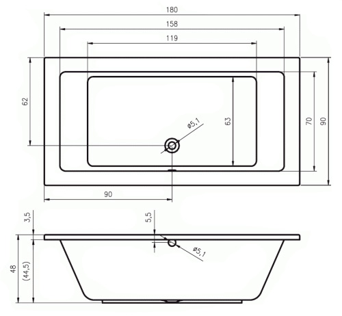 Акриловая ванна Riho Lusso 180x90 B026001005 без опоры, белая глянцевая