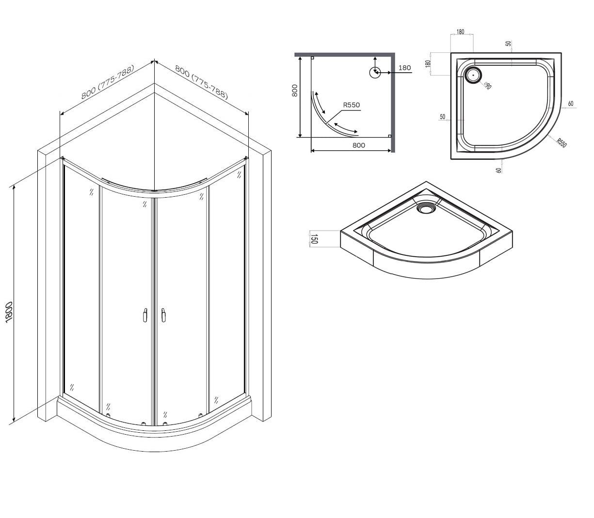 Душевой уголок AM.PM X-Joy 80x80см W88E-205-080BT профиль матовый черный, стекла прозрачные