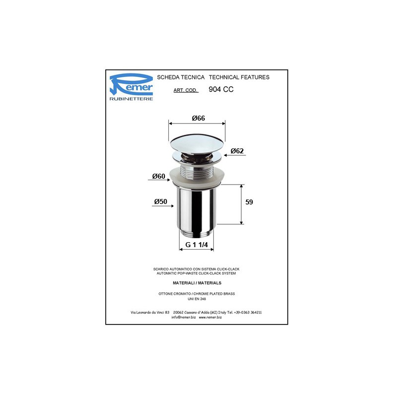 Донный клапан Remer RR 904CC хром