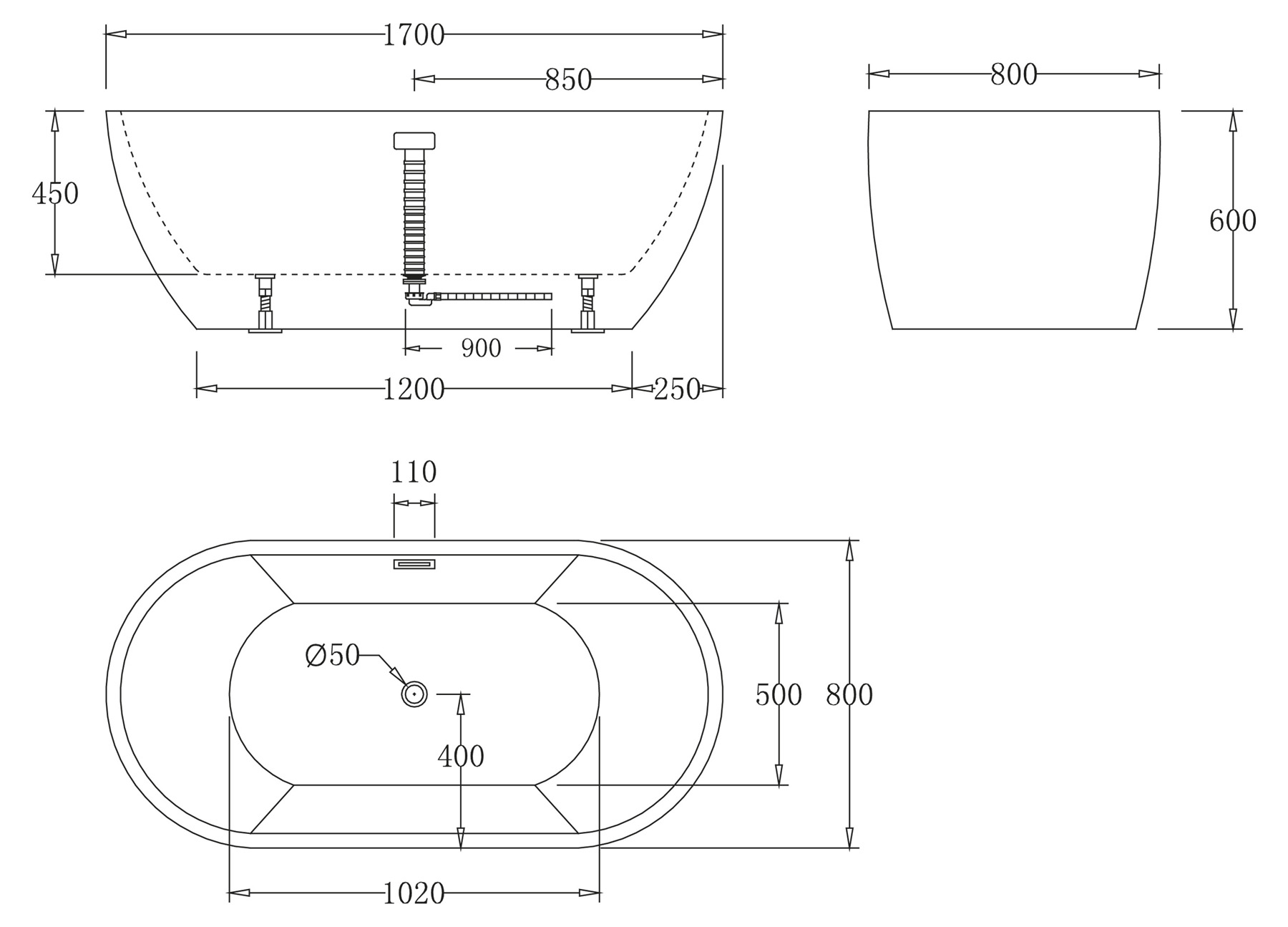 Акриловая ванна BelBagno 170x80x60 BB70-1700 белая глянцевая