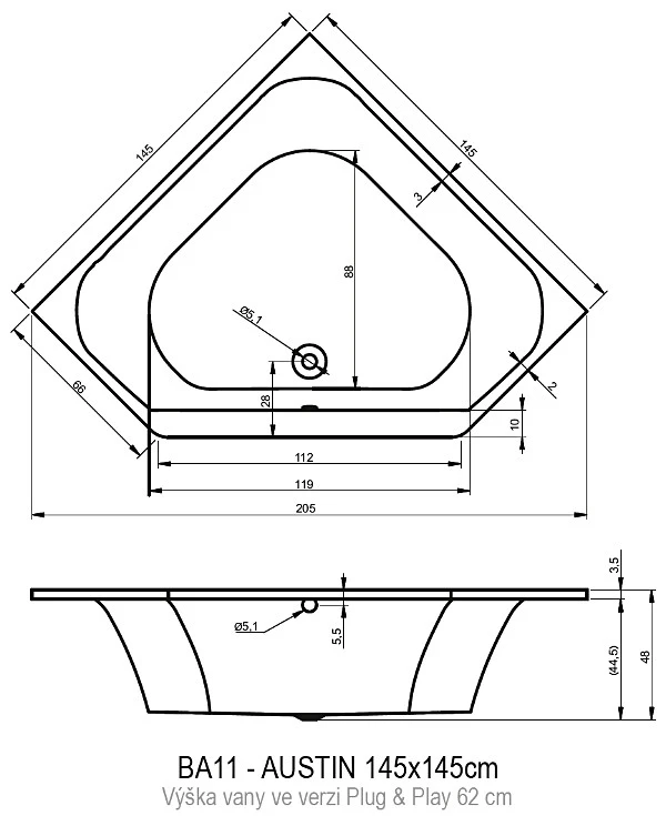 Акриловая ванна RIHO 145x145 B005019005 белая глянцевая