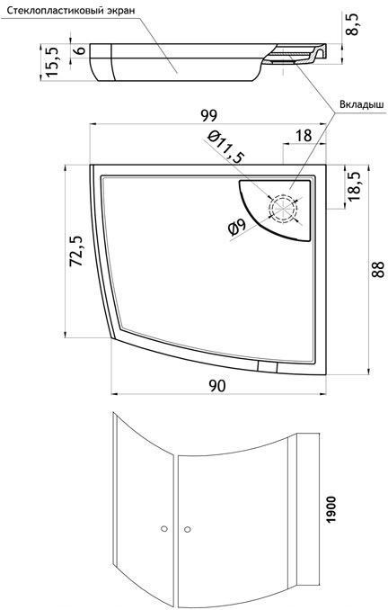 Душевой уголок Aquanet IVA 100x90см R 183210+183650 правая, профиль хром, стекло прозрачное