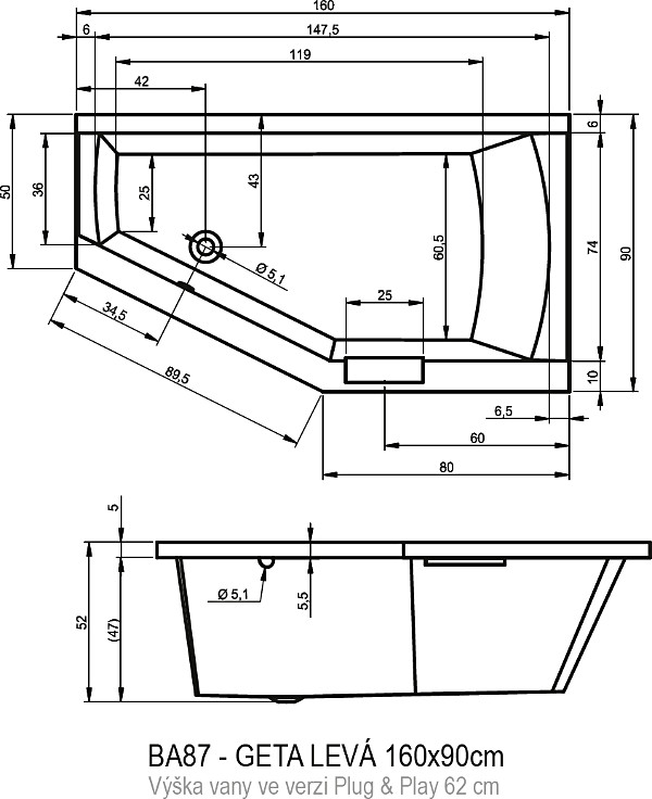 Акриловая ванна RIHO 160x90 B030009005 белая глянцевая