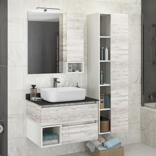 Тумба с раковиной Comforty Прага 75 00-00004198CF дуб белый, с антрацитовой столешницей