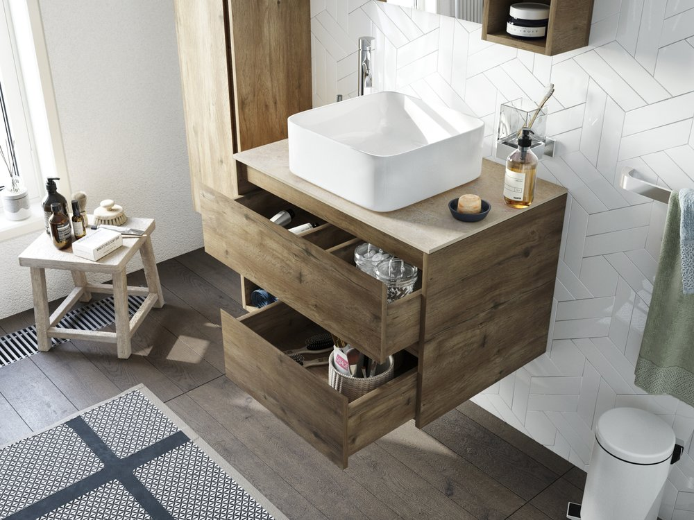 Мебель для ванной STWORKI Карлстад 75 дуб рустикальный, простоун беж, с отверстием для смесителя