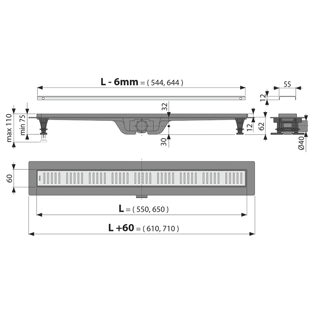 Душевой лоток AlcaPlast APZ10-Simple 650M с решеткой и опорами, хром