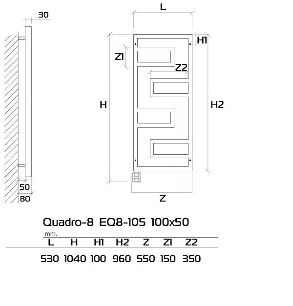 Полотенцесушитель электрический PRIOFORM Quadro-8 EQ8 100x50см EQ8-105/CHRMP хром матовый