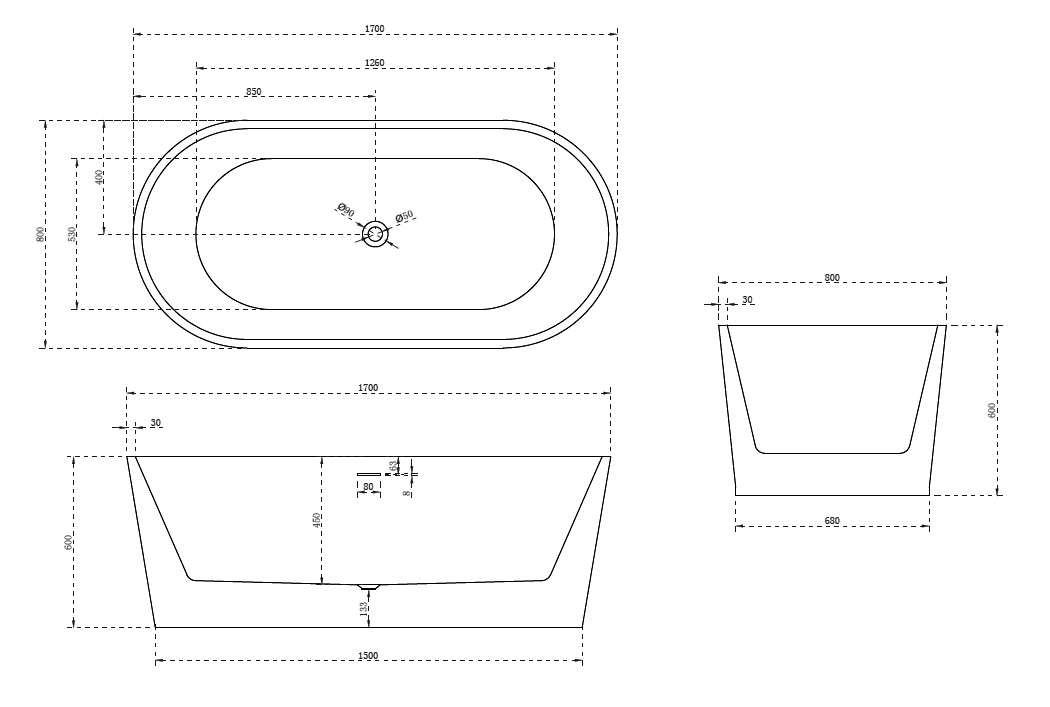 Акриловая ванна ABBER 170x80 AB9209 белая глянцевая