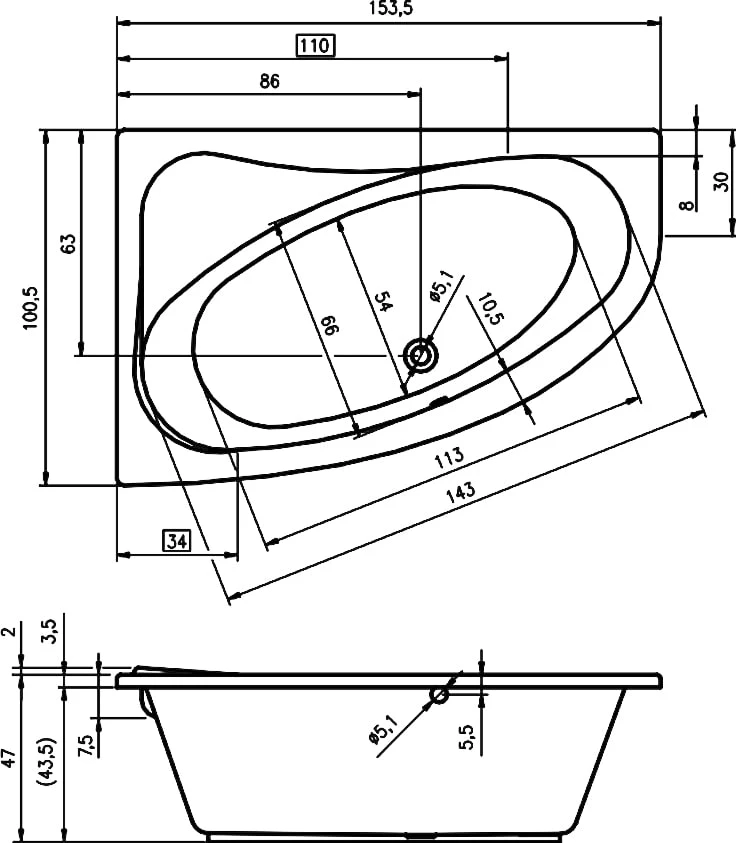 Акриловая ванна RIHO 153x100 B021001005 белая глянцевая