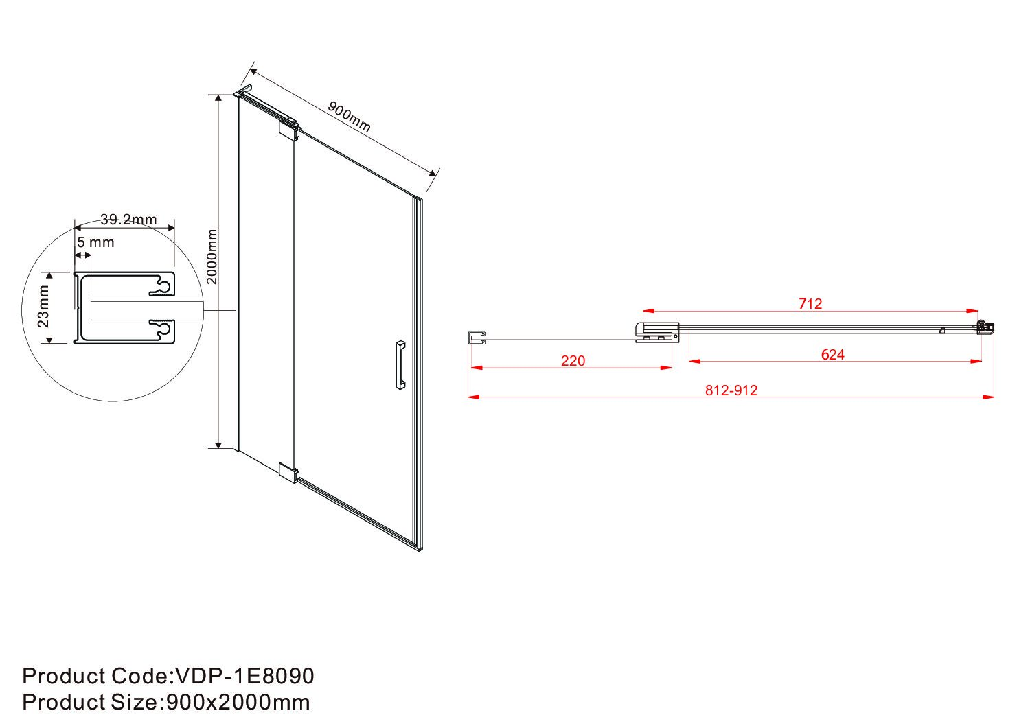 Душевая дверь в нишу Vincea Extra 80-90см VDP-1E8090CGB профиль черный, стекло тонированное