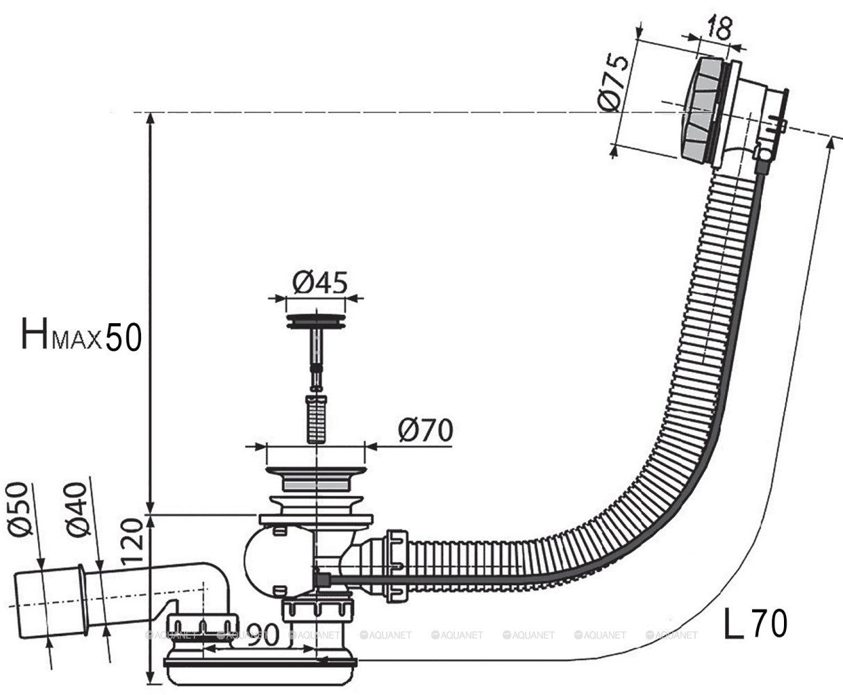 Слив-перелив для ванны Aquanet 70 см 00335450 хром