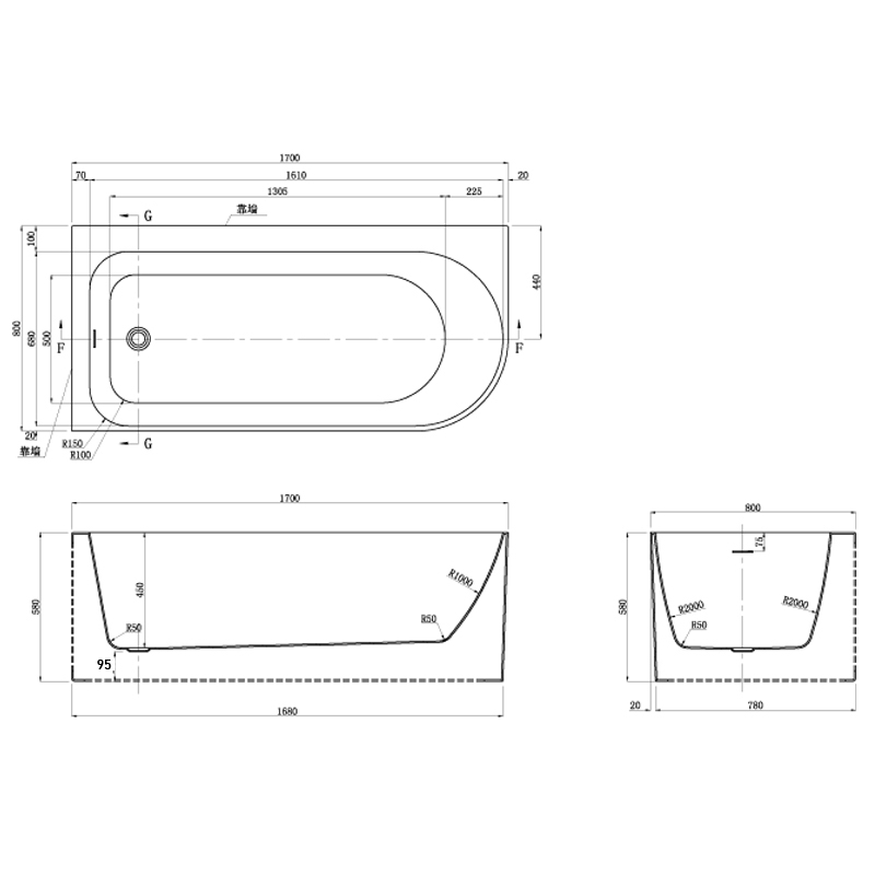 Акриловая ванна Azario LUTON 170x80x58 LUT17080 L белая глянцевая