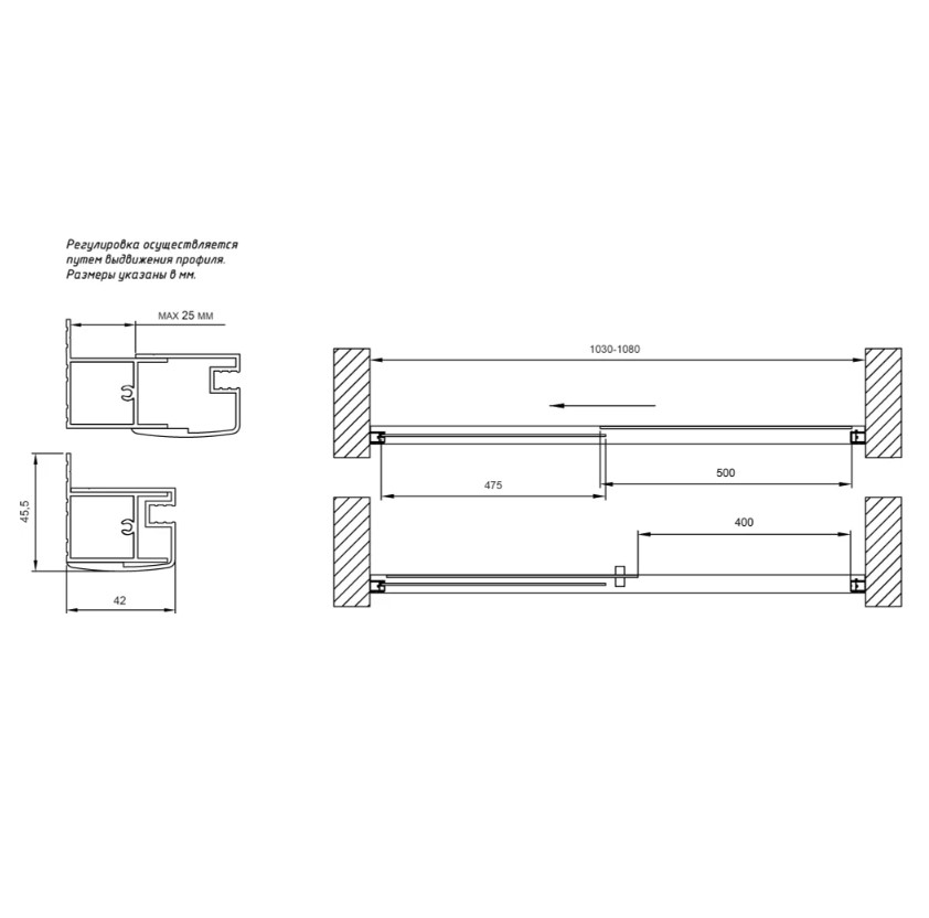 Душевая дверь в нишу Vegas Glass 105см ZP NOVO 105 02М 10 профиль черный матовый, стекло сатин