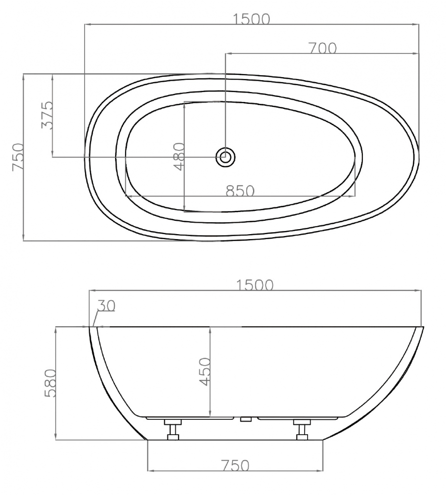 Акриловая ванна ABBER 150x75 AB9356-1.5 белая глянцевая