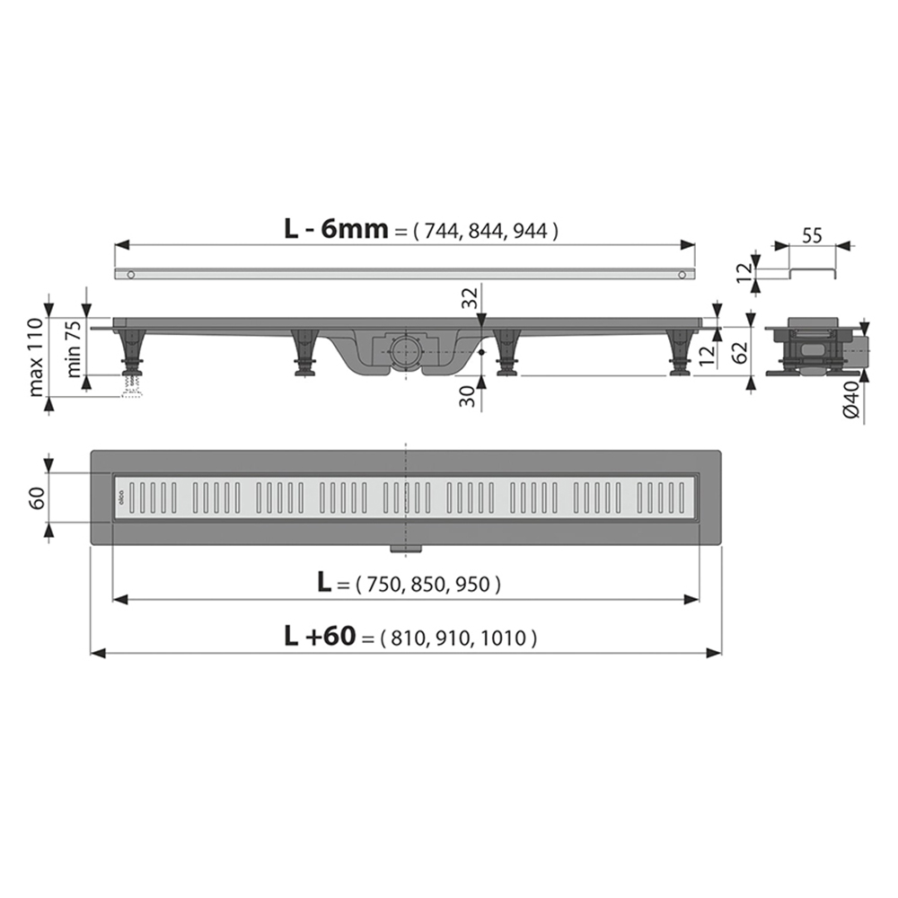 Душевой лоток AlcaPlast APZ10-Simple 950M с решеткой и опорами, хром