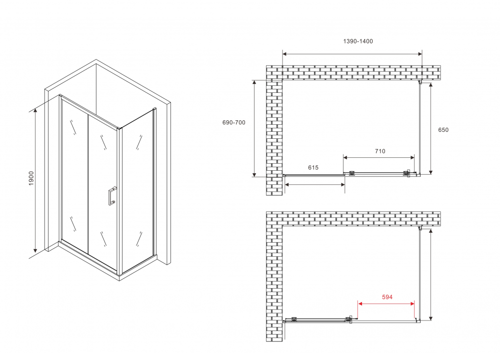 Душевой уголок ABBER Schwarzer Diamant 140x70см AG301405-S705 профиль хром, стекло прозрачное