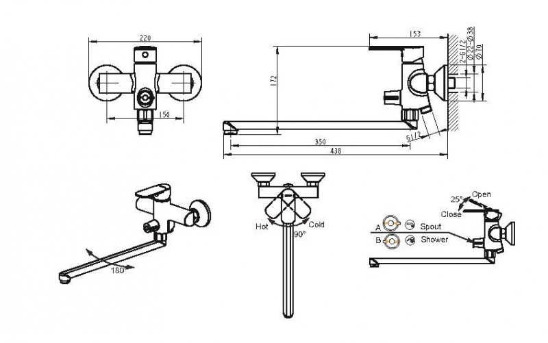 Смеситель для ванны с душем Bravat Louise F6191183CP-01L-RUS хром