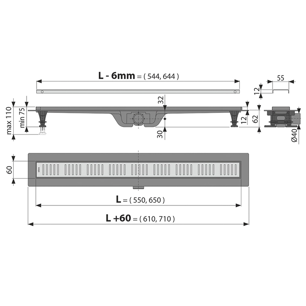 Душевой лоток AlcaPlast APZ10-Simple 550M с решеткой и опорами, хром