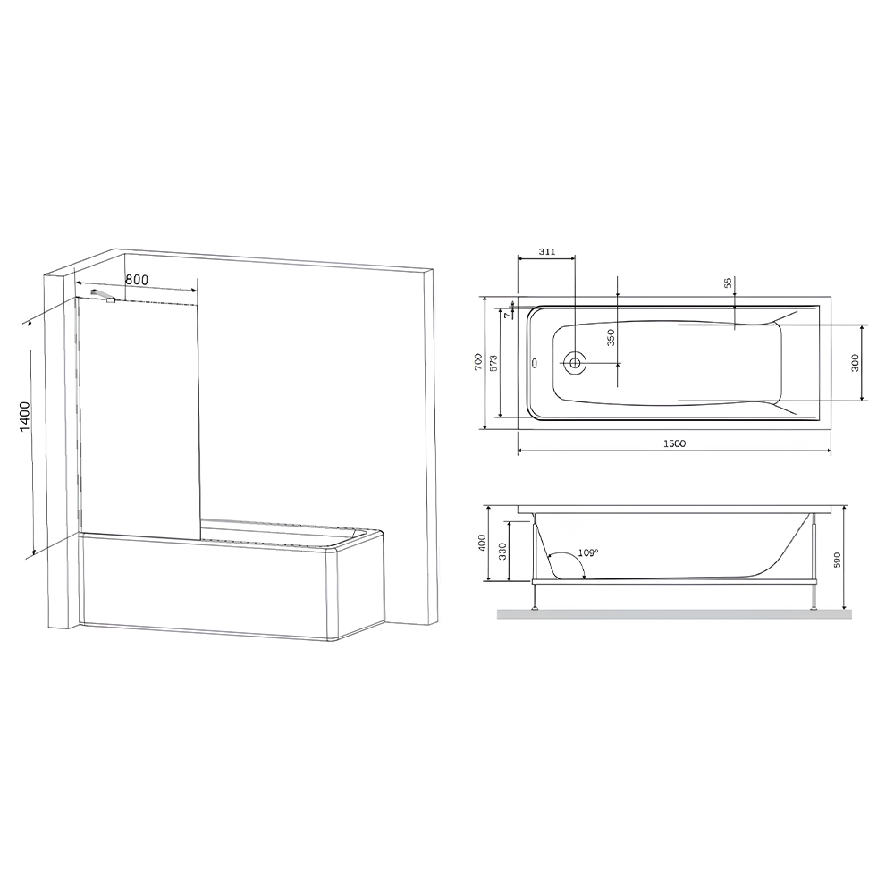 Акриловая ванна AM.PM Gem 150x70 с каркасом и шторкой W90ASET-150W90BS80CT белая матовая