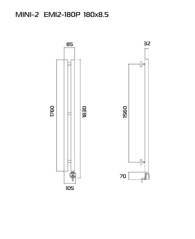 Полотенцесушитель электрический PRIOFORM MINI 2-180 EMI2-180LH 180 см, хром