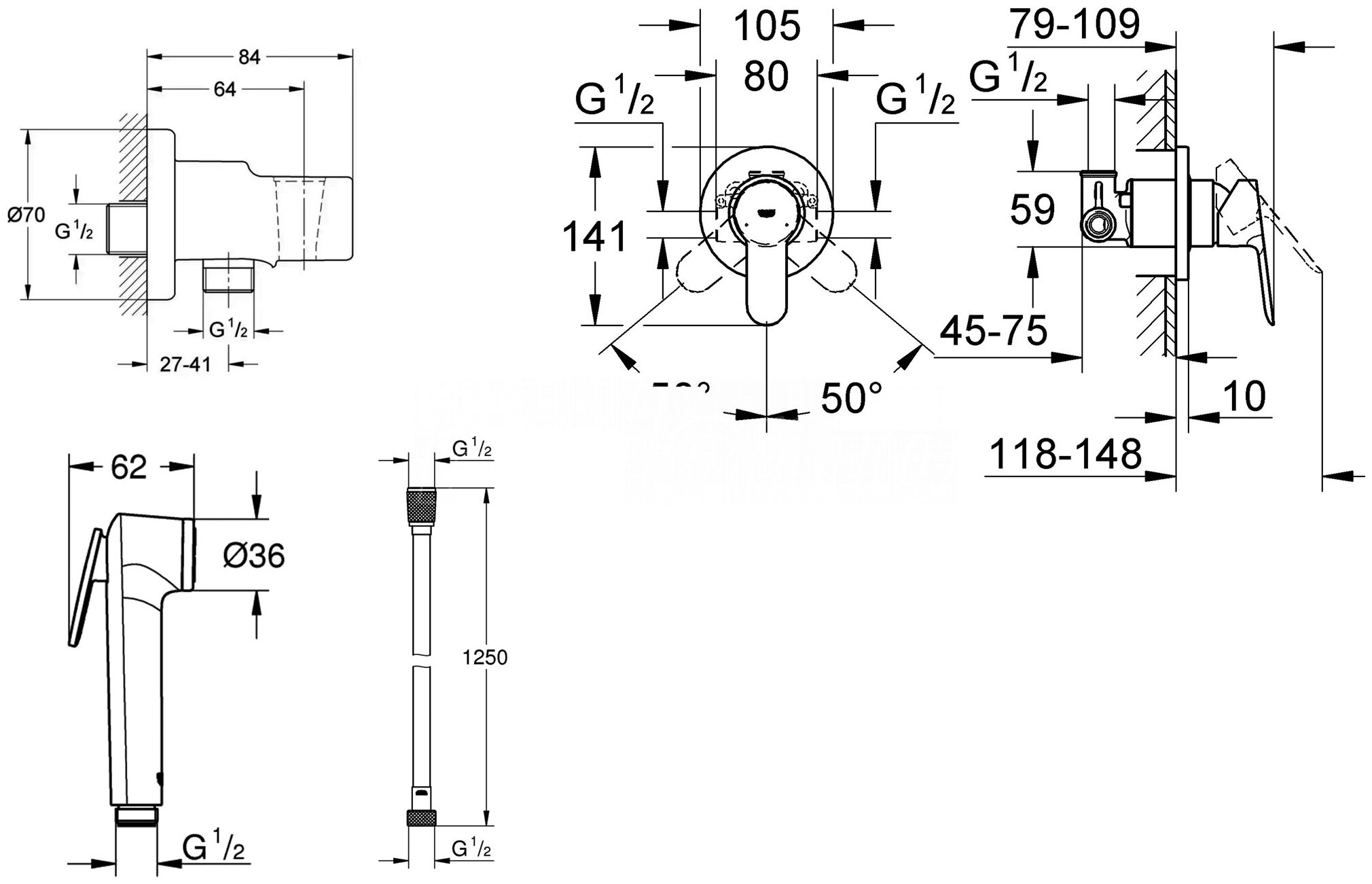 Гигиенический душ Grohe BauEdge 124898 со смесителем, хром