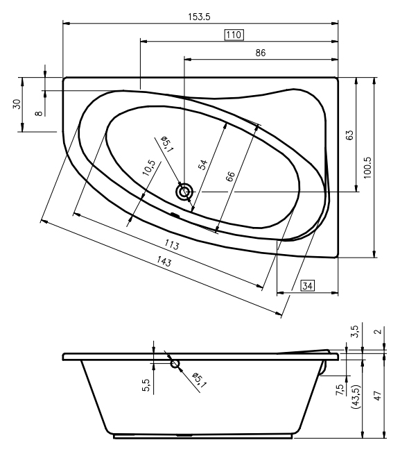 Акриловая ванна RIHO 153x100 B022001005 белая глянцевая