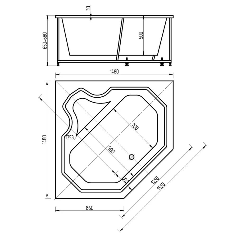 Акриловая ванна Aquatek Лира 150x150 см LIR150-0000032 белая глянцевая