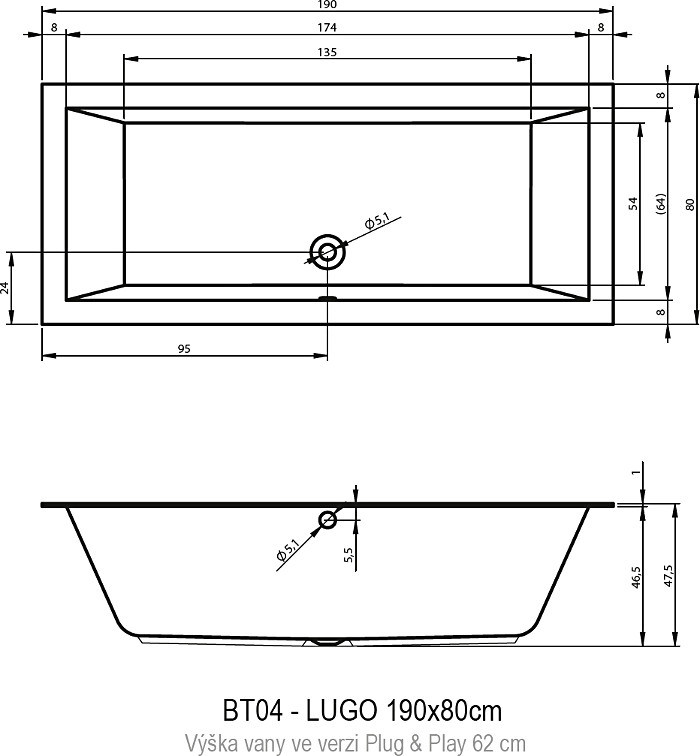 Акриловая ванна Riho Lugo Plug & Play 190x80 R B135014005 белая глянцевая