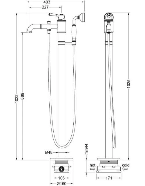 Напольный смеситель для ванны с душем Aquatek Классик AQ1545PG с внутренней частью, полированное зол