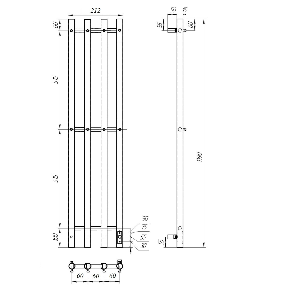 Полотенцесушитель электрический Bonna Asteria 1200x180 BNP-EI4F-dt12018B черный матовый