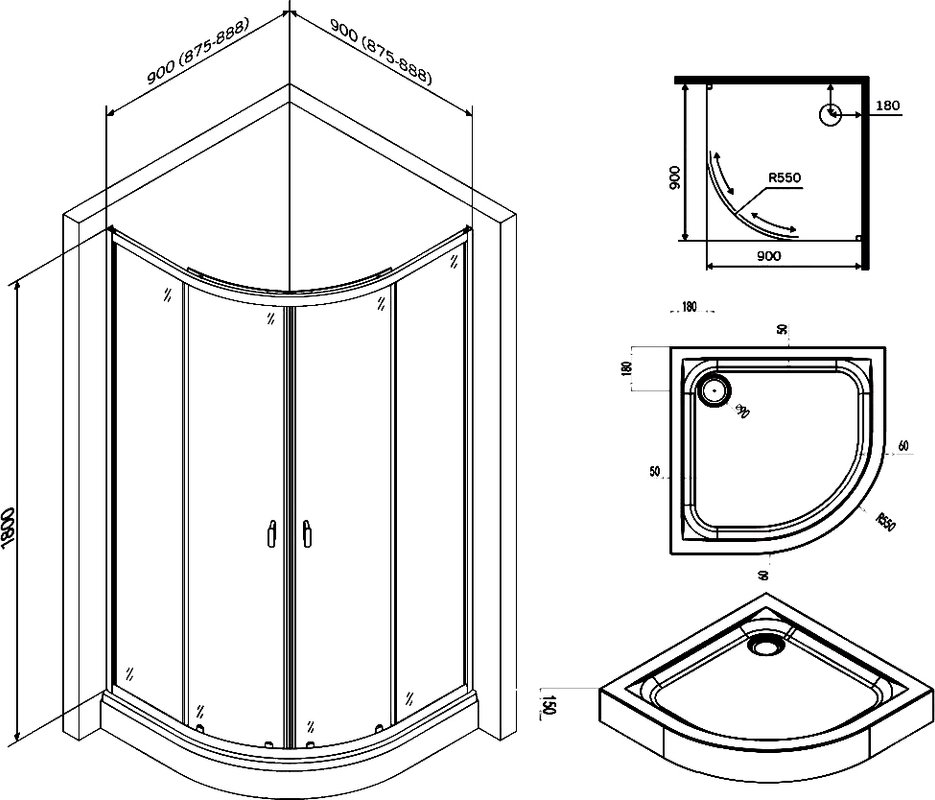 Душевой уголок AM.PM X-Joy 90x90см W88E-205-090BT64 профиль матовый черный, стекло прозрачное