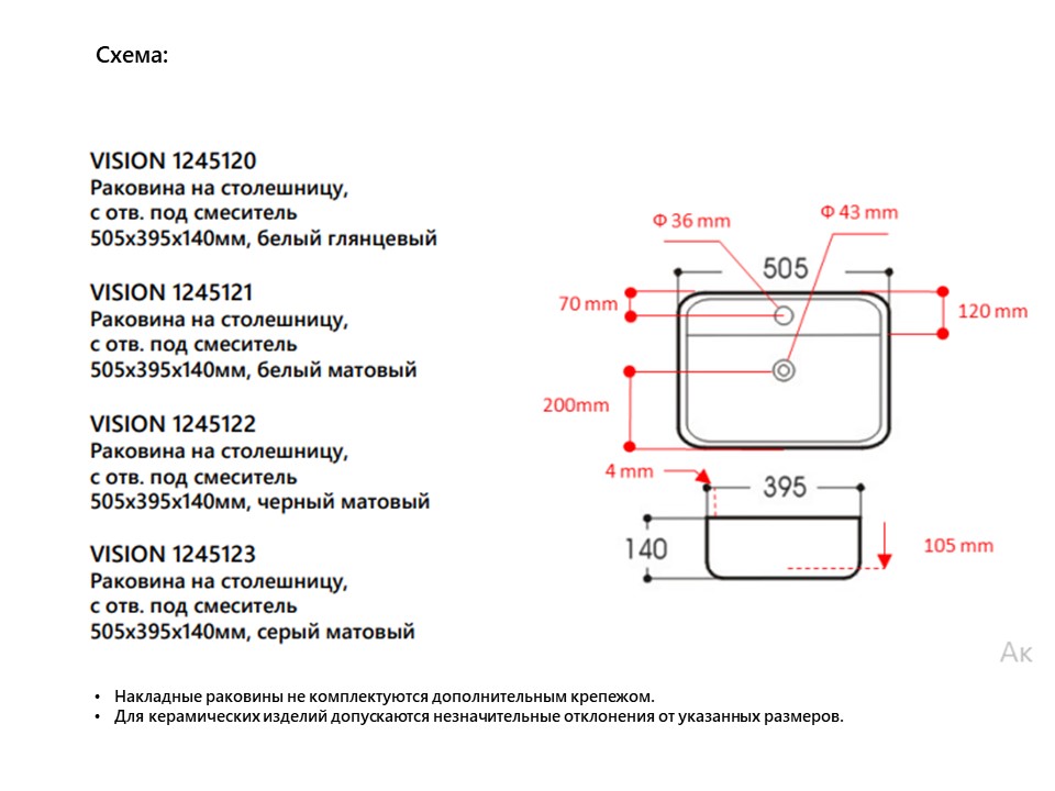 Раковина накладная Avimano Vision 1245120 белая глянцевая