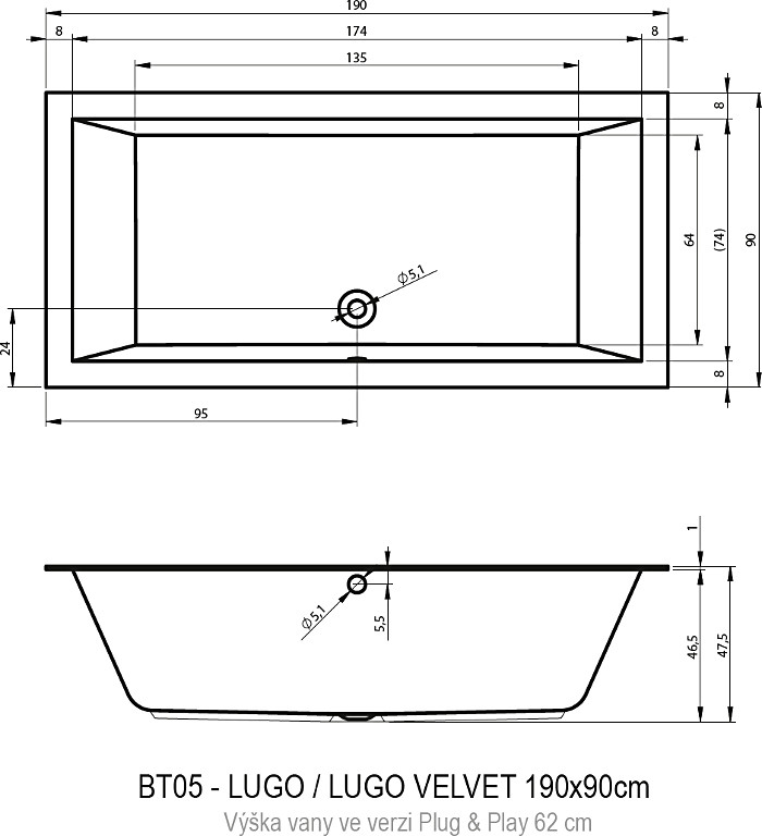 Акриловая ванна Riho Lugo Plug & Play 190x90 L B136015005 белая глянцевая