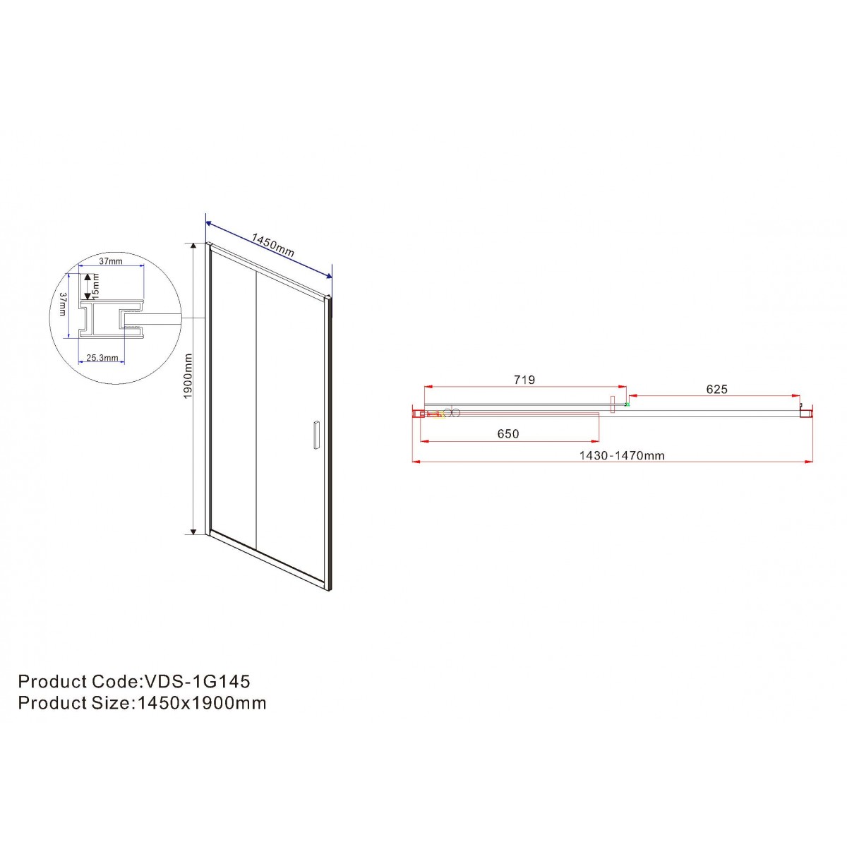 Душевая дверь в нишу Vincea Garda 145см VDS-1G145CLB профиль черный, стекло прозрачное