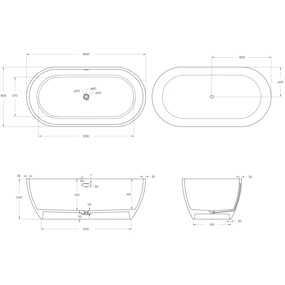 Ванна из литьевого мрамора Cezares Stylus 160x80,5см CZR-STYLUS-160-80-54-SSB белая матовая