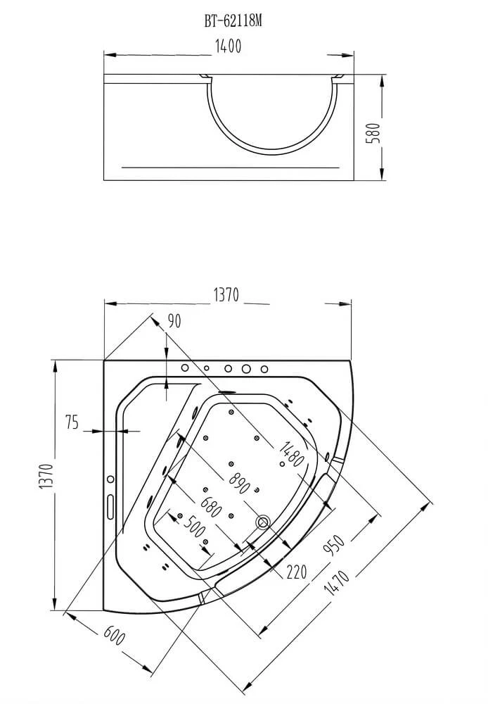 Акриловая ванна Orans 140x140 с гидромассажем OLS-BT62118M белая глянцевая