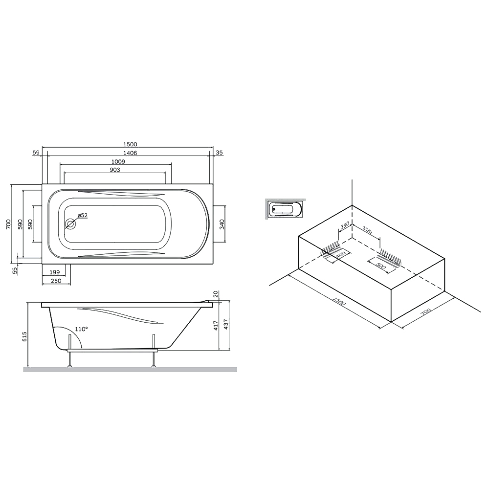 Акриловая ванна AM.PM Sense 150x70 W75A-150-070W-KL белая глянцевая