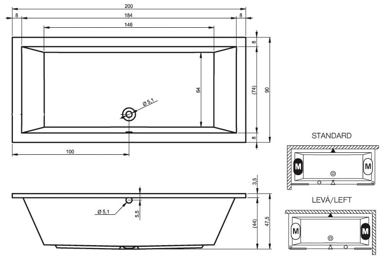 Акриловая ванна Riho Lusso 200x90 B016001005 без опоры, белая глянцевая