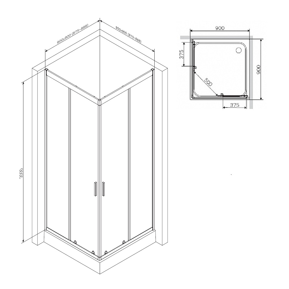 Душевой уголок AM.PM Gem 90x90см W90G-403-090BT профиль черный, стекло прозрачное