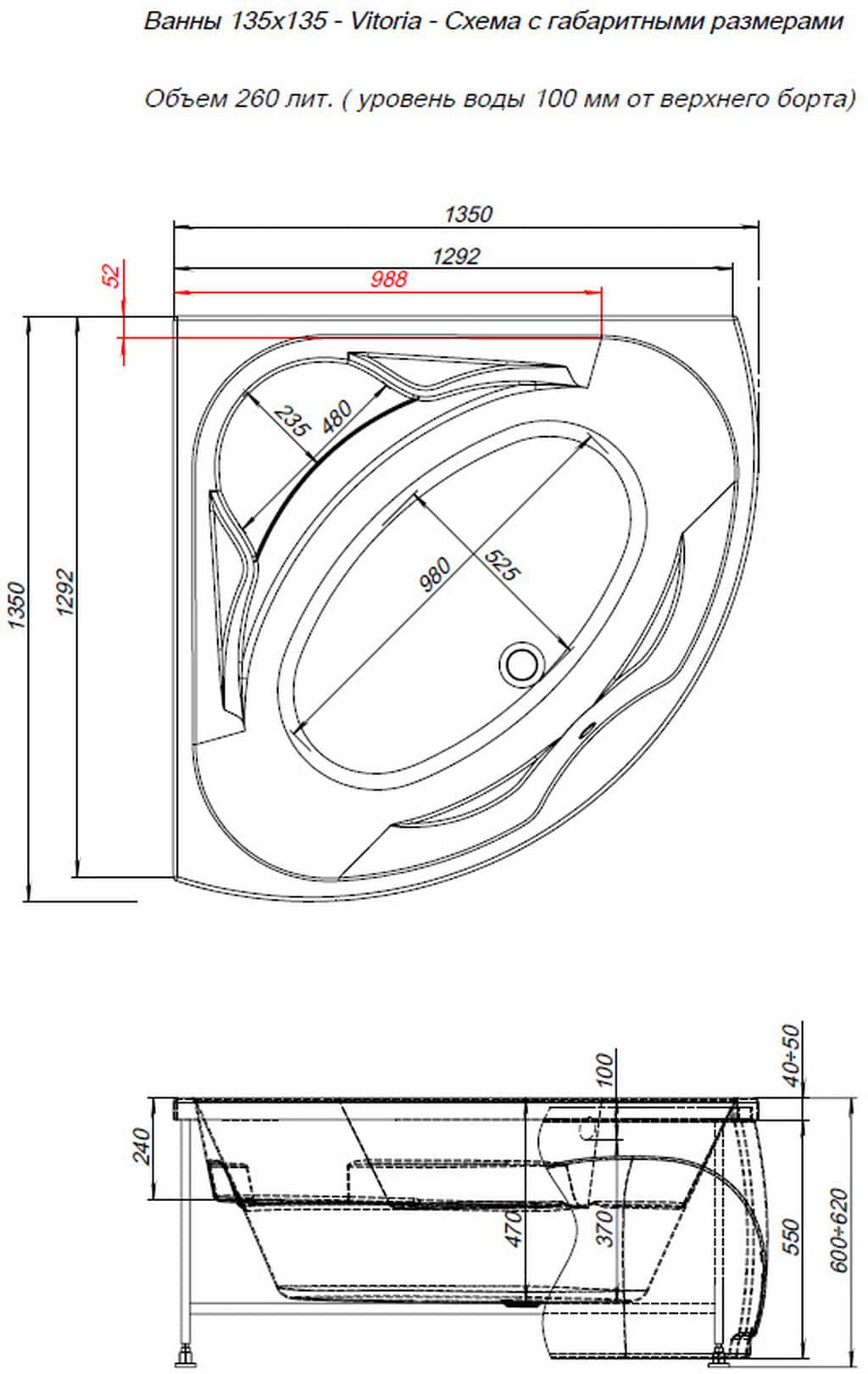 Акриловая ванна Aquanet Vitoria 130x130 204049 белая глянцевая