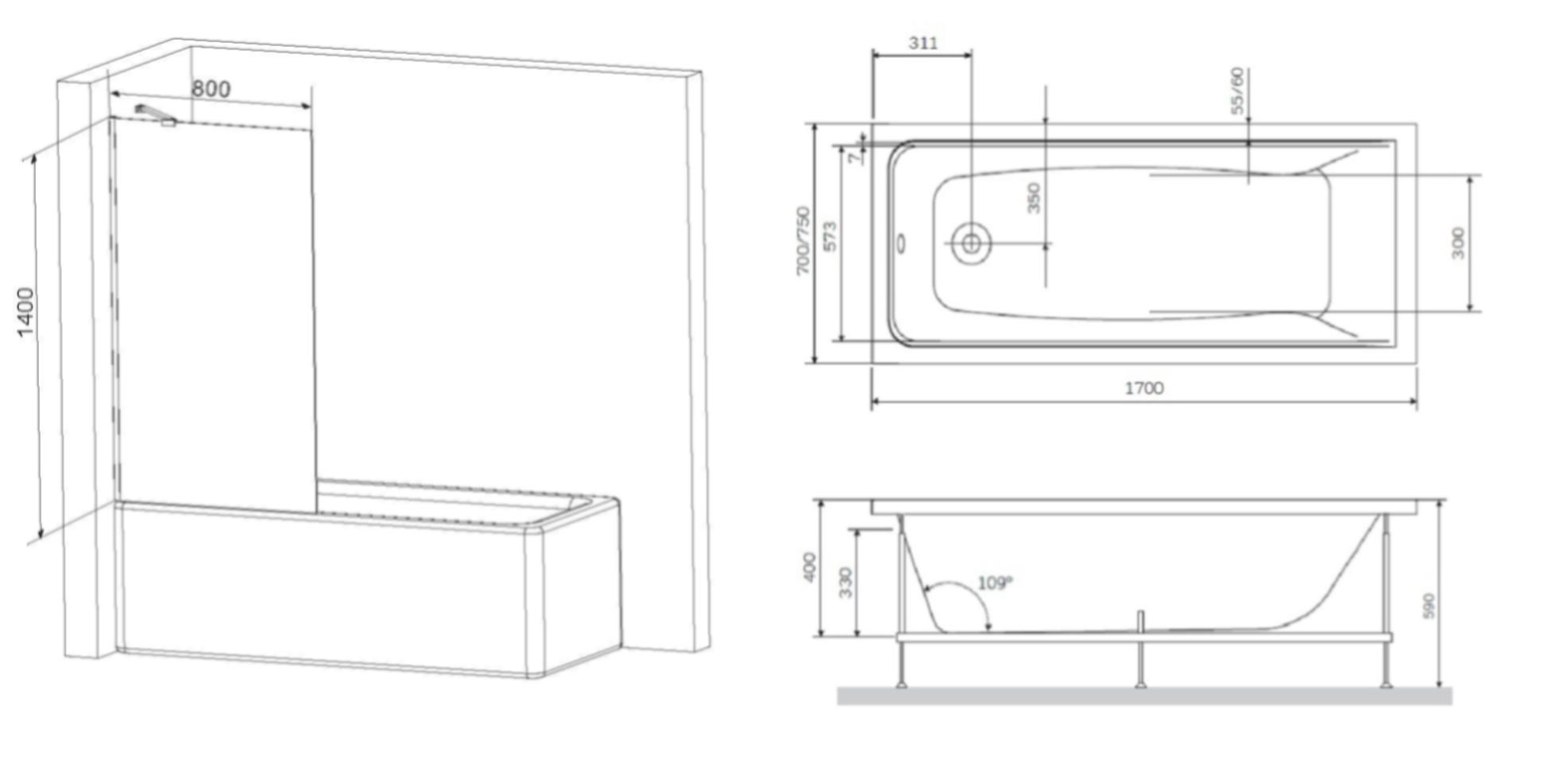 Акриловая ванна AM.PM Gem 170x70 с каркасом и шторкой W90ASET-170W90BS80CT белый, хром