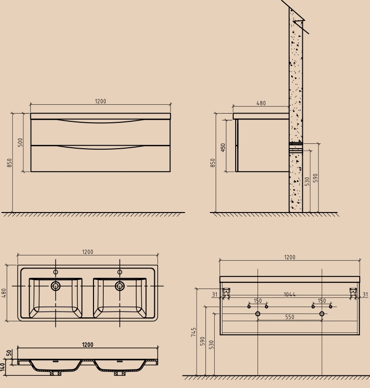 Тумба с раковиной BelBagno Ancona 120 ANCONA-N-1200-2C-SO-2-RW темный дуб